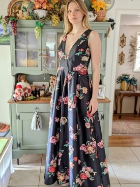 eShakti Blue Floral Deep V-Neck Maxi Dress Size L 12